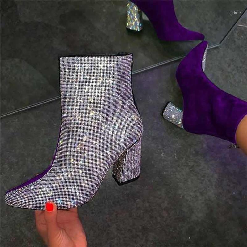 

Women Boots Patchwork Rhinestone Women Ankle Boots All Seasons Non-Slip Chunky Heel Ladies Sexy Pointed Toe Back Zip Booties1, Purple