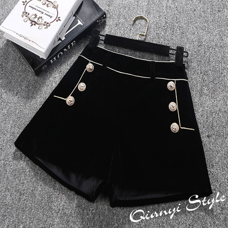 

High Quality Autumn Winter Velvet Shorts Women Elegant High Waist Wide Leg Short Pants Ladies Office Work Boots Shorts Button Y200403, Black