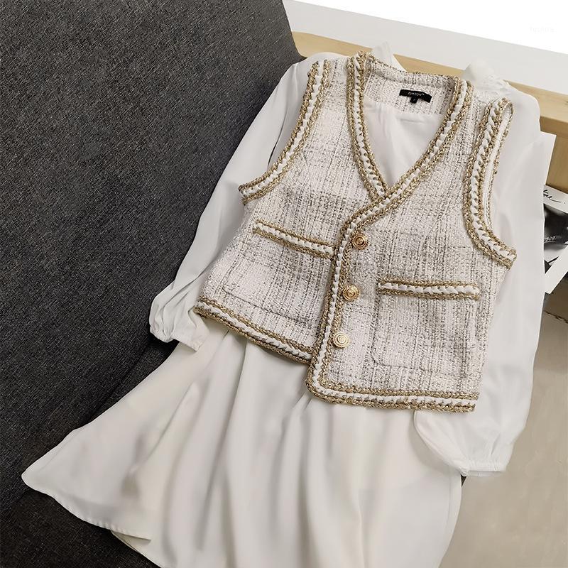 

New Fashion Women Sleeveless Tweed Jacket Twill Short Vest V Neck Outwear Waistcoat Female Slim Fit Single Breasted Pockets Vest1, White dress
