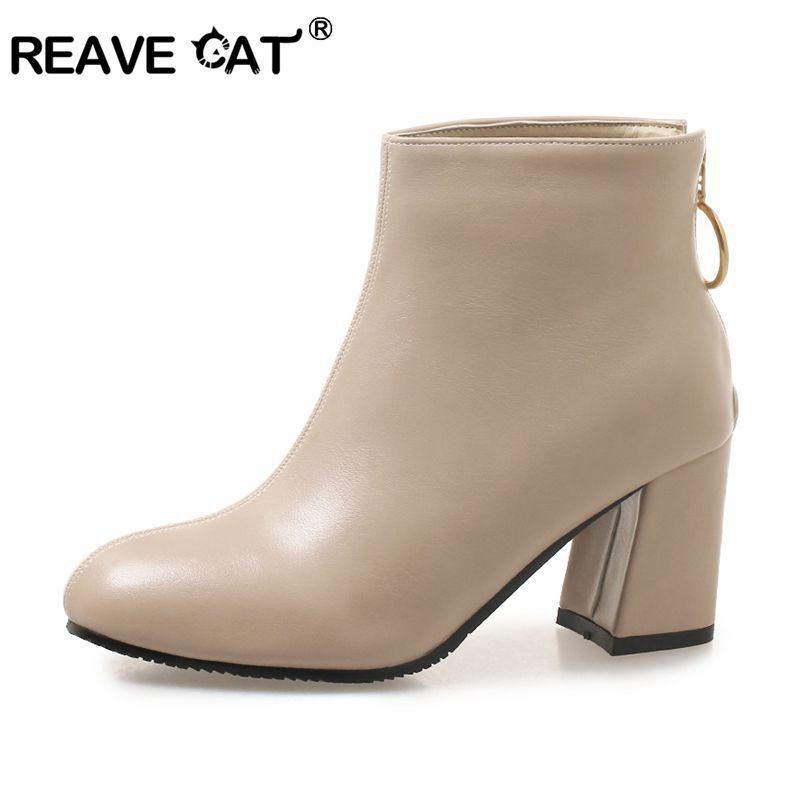 

REAVE CAT Women shoes Winter Pu leather Women ankle boots Thick heel Zipper shoes Thick Heel Concise Style Solid Round toe B816a, Black