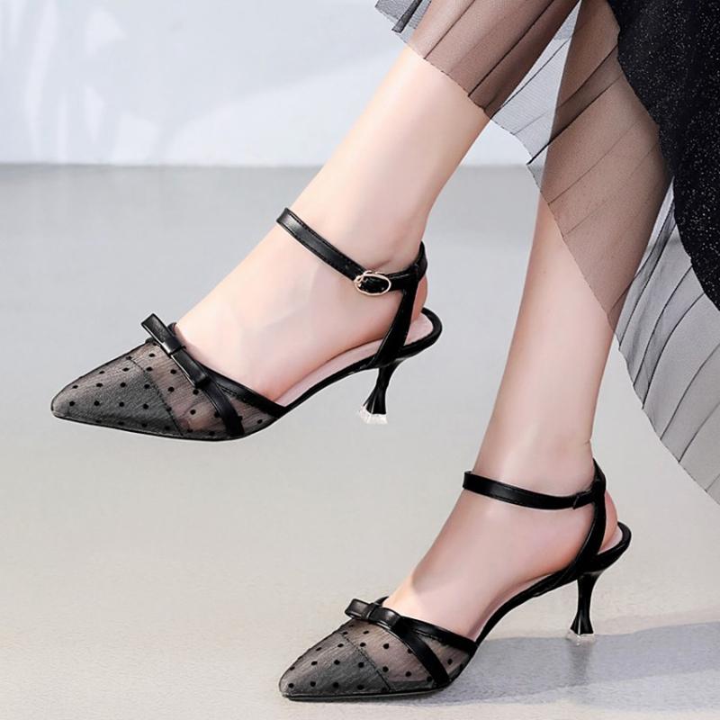 

Women Sandals 2021 Elegant High Heels Summer Pointe High Heels Shoes Mesh Breathable Party Female Pumps Zapatos De Mujer F-23, Black