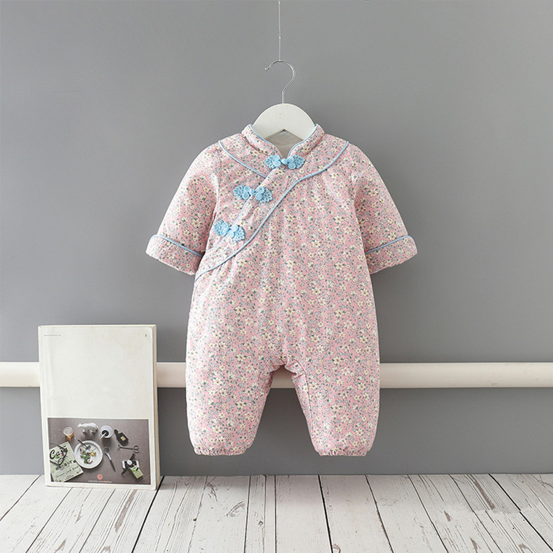 

2021 New Baby Rompers Chinese Style Floral Girls Winter Jumpsuit Soft Cute Coats Newborn Infant Clothing 0-2y Vekr, Pink