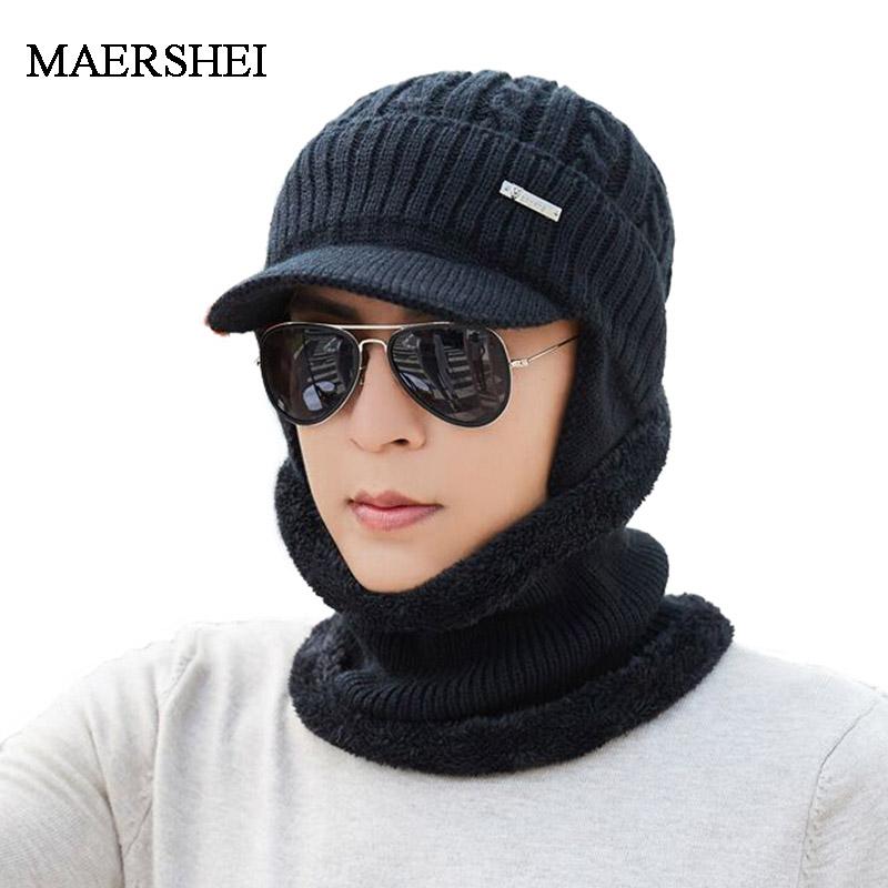 

Neck warmer knitted hat scarf set fur Wool Lining Thick Warm Knit beanies balaclava Winter Hat For men women Cap Skullies bonnet