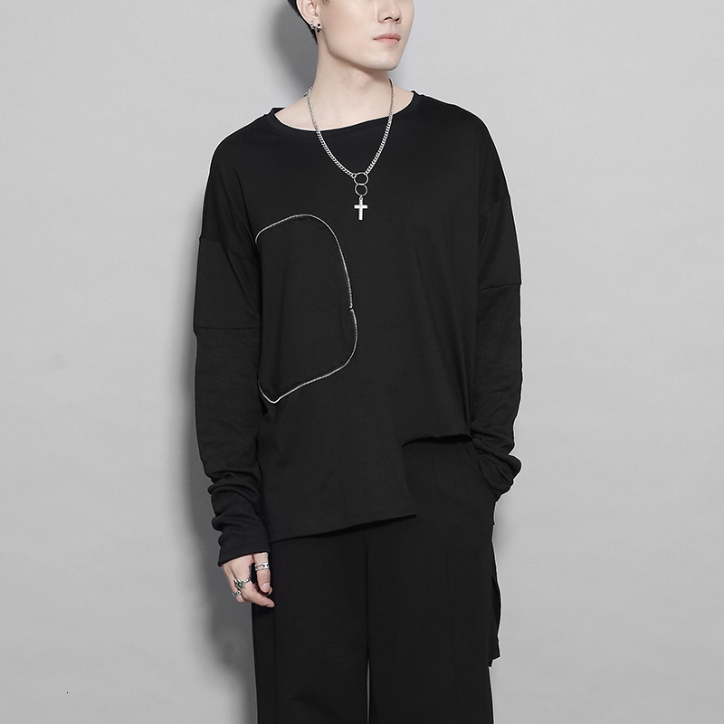 

2021 New Spring Personality Clothes Three-dimensional Splicing Casual Design Loose Sleeve Long Men's Undershirt Shirt H2Q3, Black.