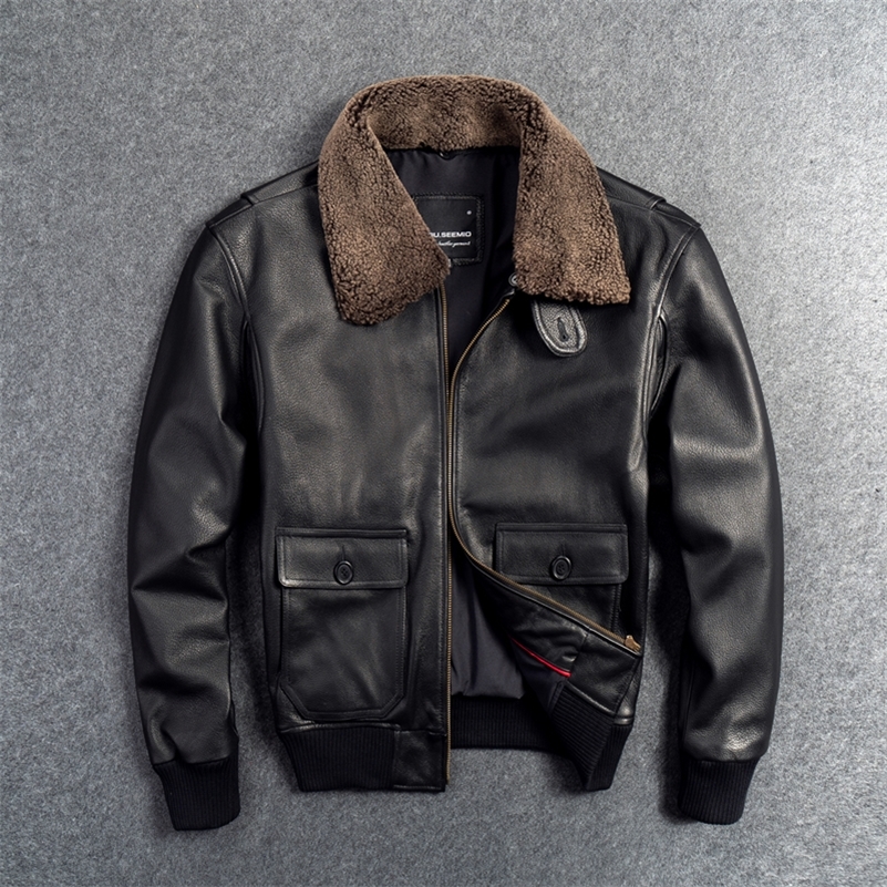 

Gu.seemio genuine leather jacket for men male cowhide coat real animal 100% skin outer wear flight suit with fur collar 201114, Black