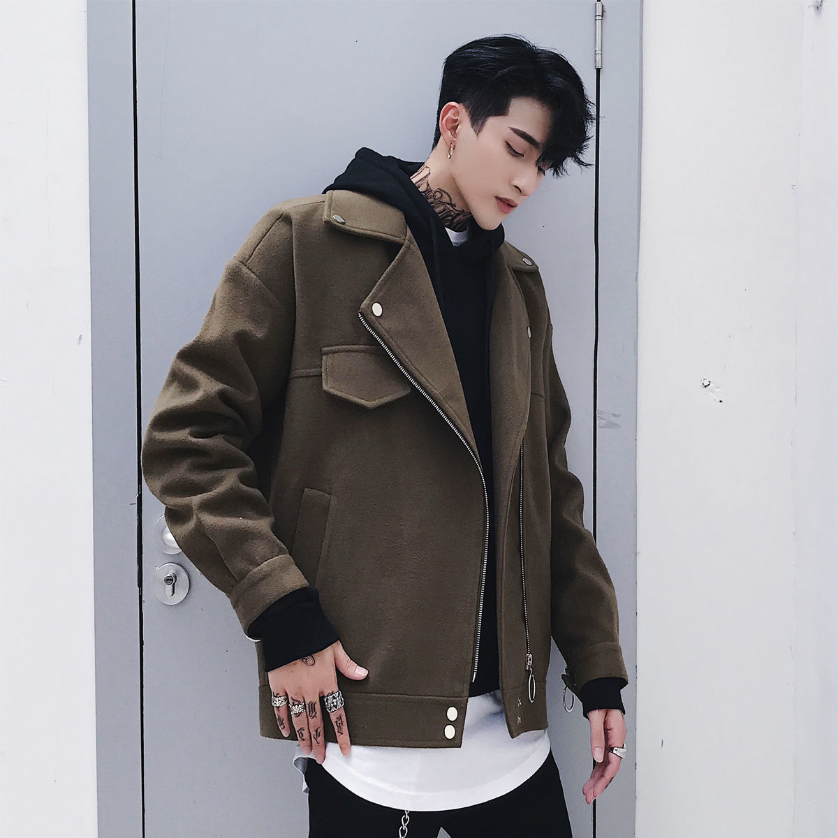 

2021 Men's Jacket Spring New Woolen Student Coat Popular Youth EC6Y, Black