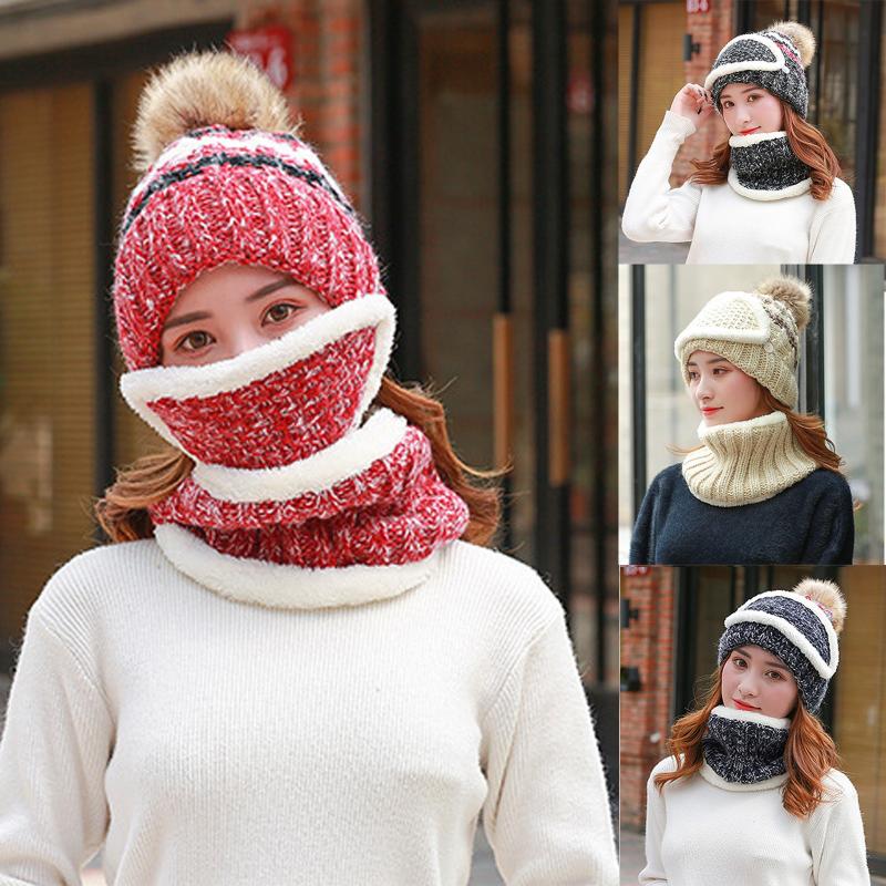 

2021 New Balaclava Knitted Hat Scarf Caps Neck Warmer Winter Hats For Men Women Skullies Beanies Warm Fleece Pompom Cap, Bk