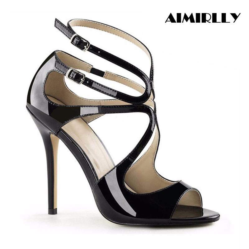 

Summer Women's Shoes Peep Toe High Heels Sandals Strappy Ankle Strap Stilettos Ladies Elegant Party Dress Heel Patent Leather, Black