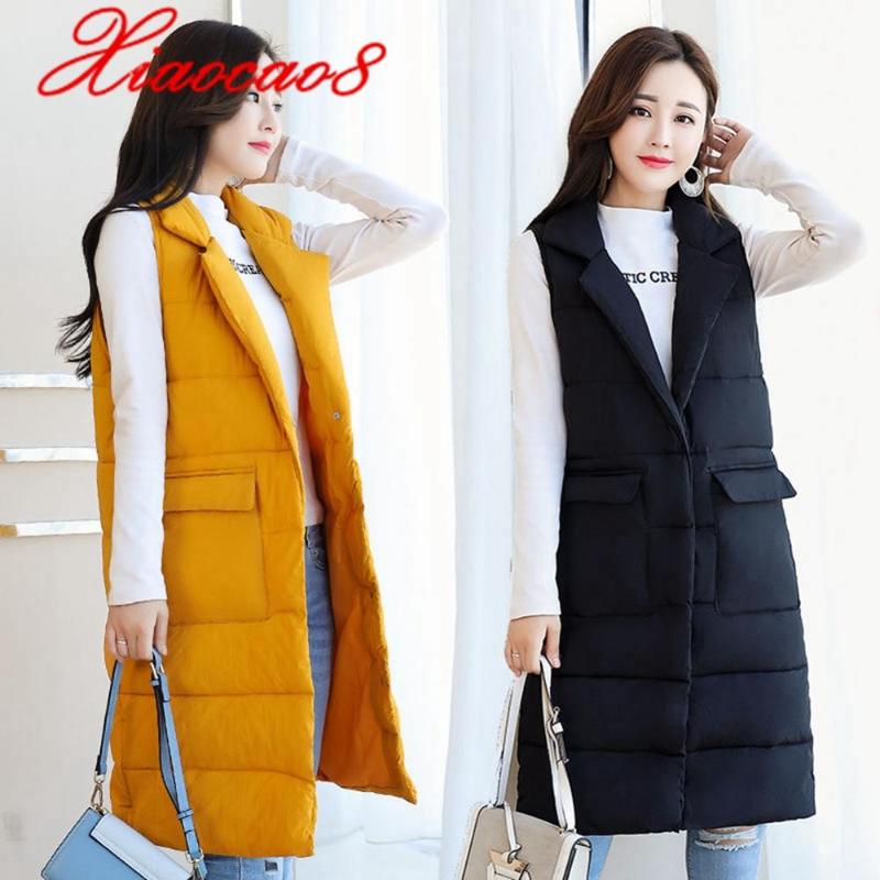 

Autumn Winter Women's Long Vest Solid Covered Button Sleeveless Jacket Coat Woman Cotton Waistcoat Plus Size 3XL Gilet Femme, Black