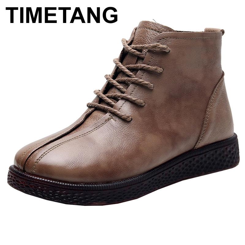 

TIMETANGGenuine Leather Shoes Women Boots 2021 Autumn Winter Fashion Handmade Ankle Boots Warm Soft Casual Flats Female, Without fur khaki
