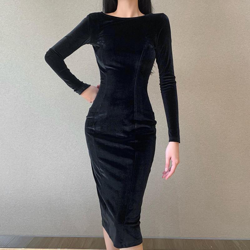 

New Stylish Sexy Women Autumn Long Sleeve O Neck Backless Bowknot Ribbob Elegant Midi Bodycon Dress, Black