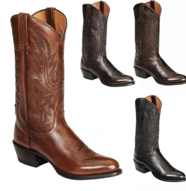 

Women Western Boots Winter Mid Tube Knight Lady Retro Rome Slip-On Low Heel Leather Shoes Wide Calf Cowboybotas Mujer, Brown