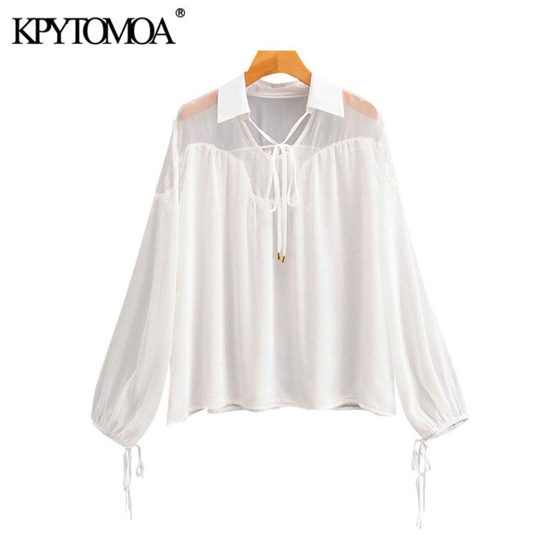 

KPYTOMOA Women 2021 Fashion See Through Patchwork Loose Blouses Vintage Tied V Neck Long Sleeve Female Shirts Blusas Chic Tops, As picture