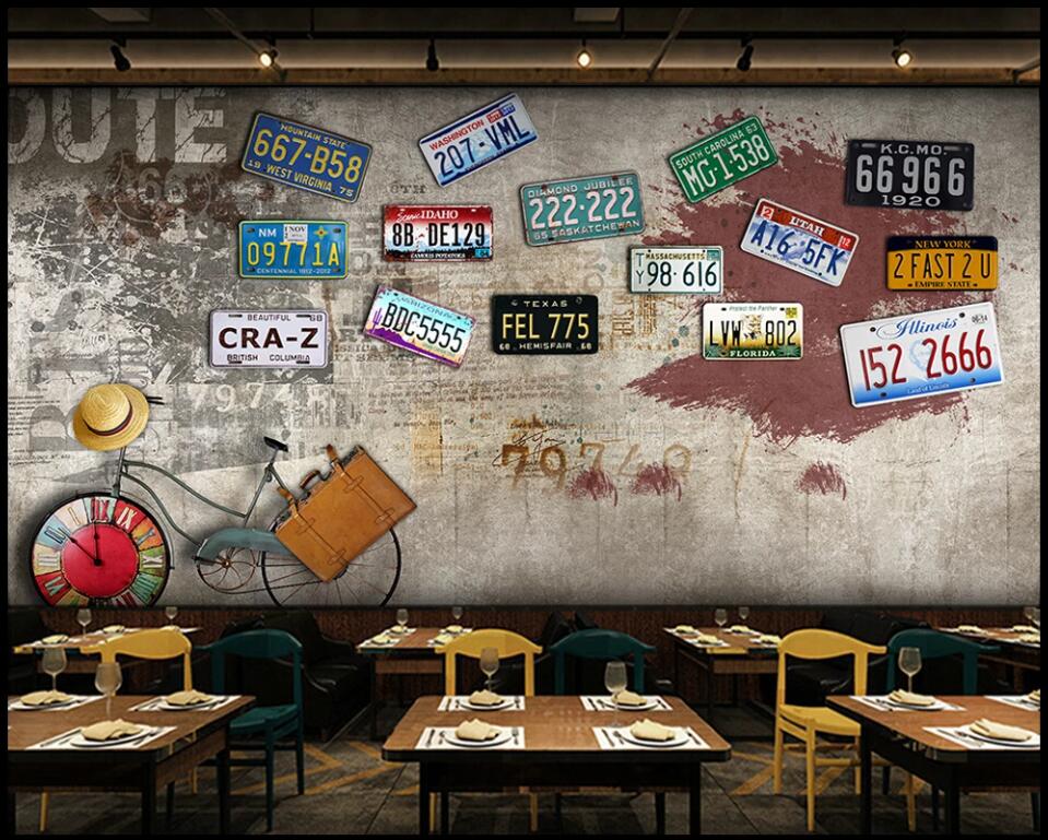 

custom mural photo wallpaper 3d Retro license plate bicycle graffiti letters home decor 3d wall mural wall papers in the living room, Non-woven wallpaper