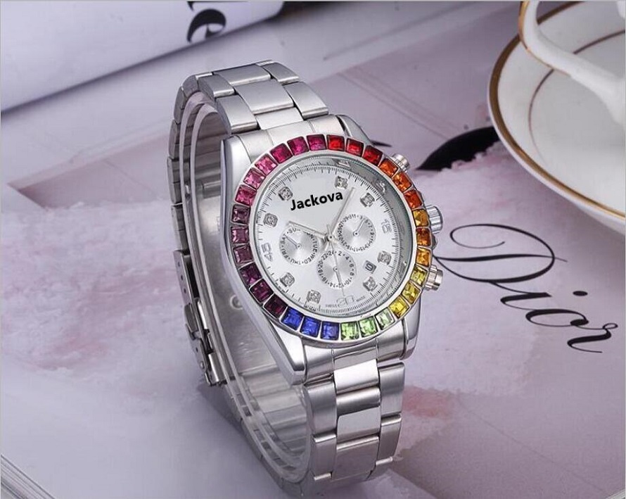

Fashion Mens Colorful Big Diamond Wathes Iced Out Designer Quartz Movement Men Women Lady Stainless Steel Clock, As pic