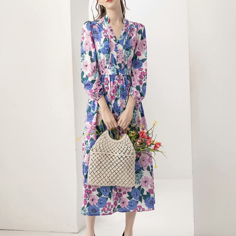 

2021 New Spring Vintage Style Sexy Printing Down a Long Sleeve Thin Mid-length Dress with High Quality Women's Clothes Zniq, Multiple