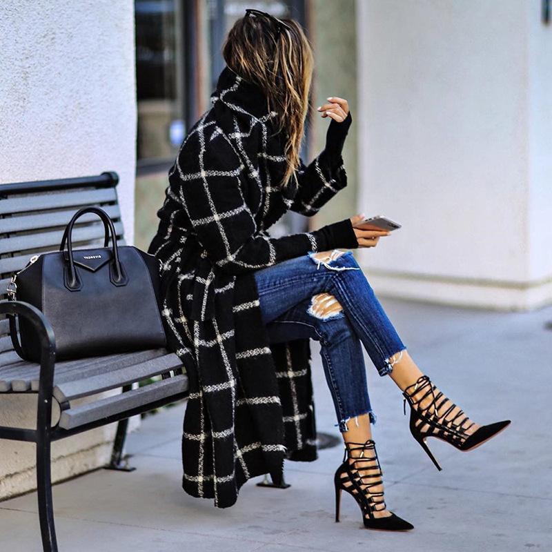 

Fashion Sanding Black Coat Women Fall/winter 2021 New Plaid Belt Woolen Winter Coat