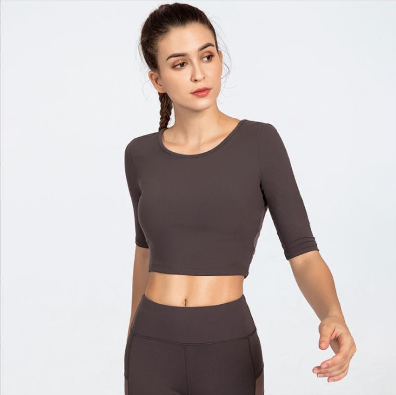 

Mesh double-sided clothing fitness sportswear yoga tops women' sportswear women' O-neck short-sleeved solid top quick-drying1, Brown
