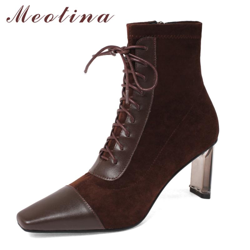 

Meotina Ankle Boots Women Shoes Real Leather Crystal Chunky Heels Fashion Boots Square Toe Lace Up Zip High Heel Short 40, Black synthetic lin