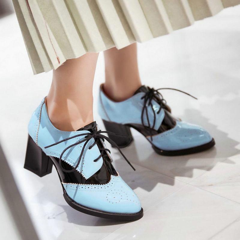 

COOLULU Women Patent Leather Oxford Pumps Brogue Shoes Wingtip Lace Up Oxford Shoes High Heel Pumps Size 34-43 Escarpins Femme, White