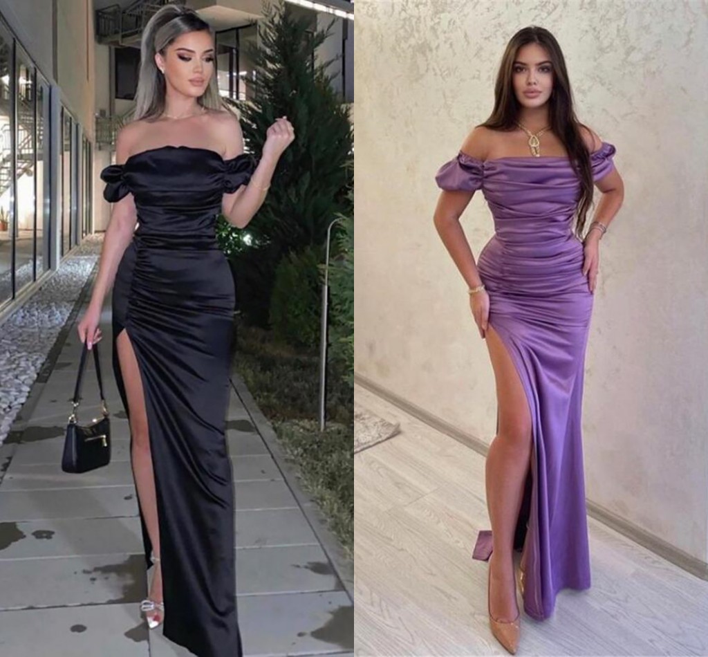 

Satin Black Long Evening Dresses with Side Slit Off The Shoulder Pleats Mermaid Women Prom Gowns Formal Party Dress Vestidos De Fiesta Arabic Dubai robe de soiree 2022, Blue