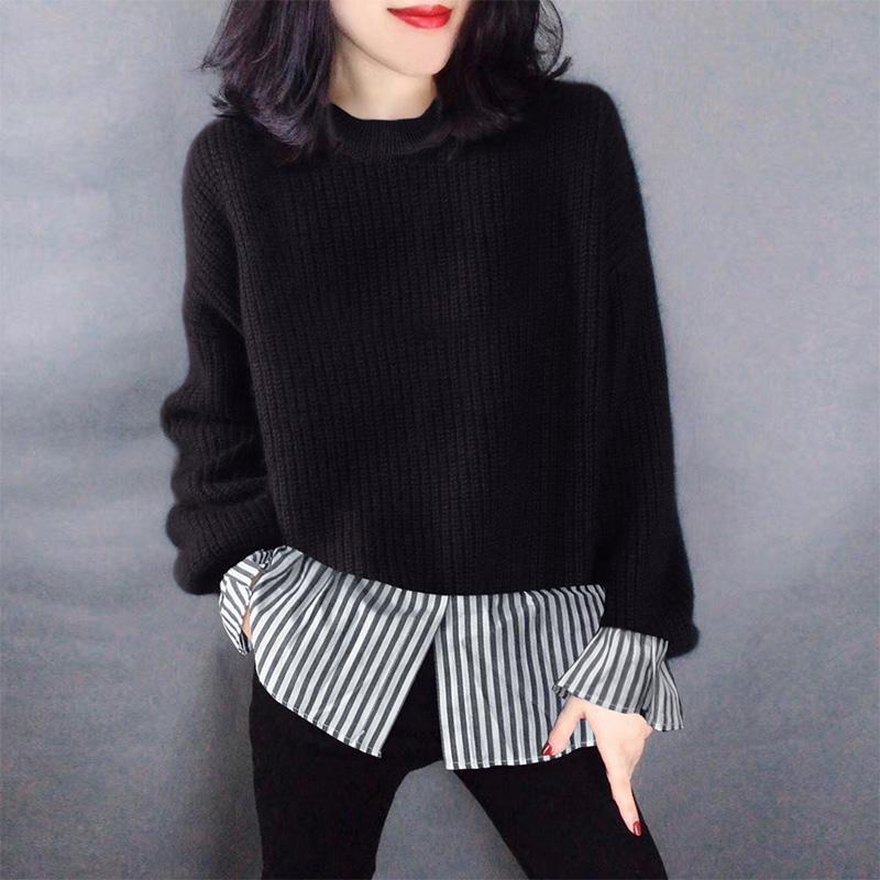 

Lazy style black fake two piece stitching T-shirt loose sweater Europe station autumn 2020 women' new European goods