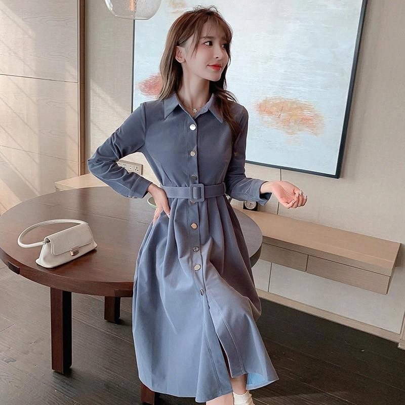 

JXMYY Spring and autumn new corduroy waist slimming dress goddess fan temperament retro gentle wind single-breasted long skirt #2F5P, Black;gray