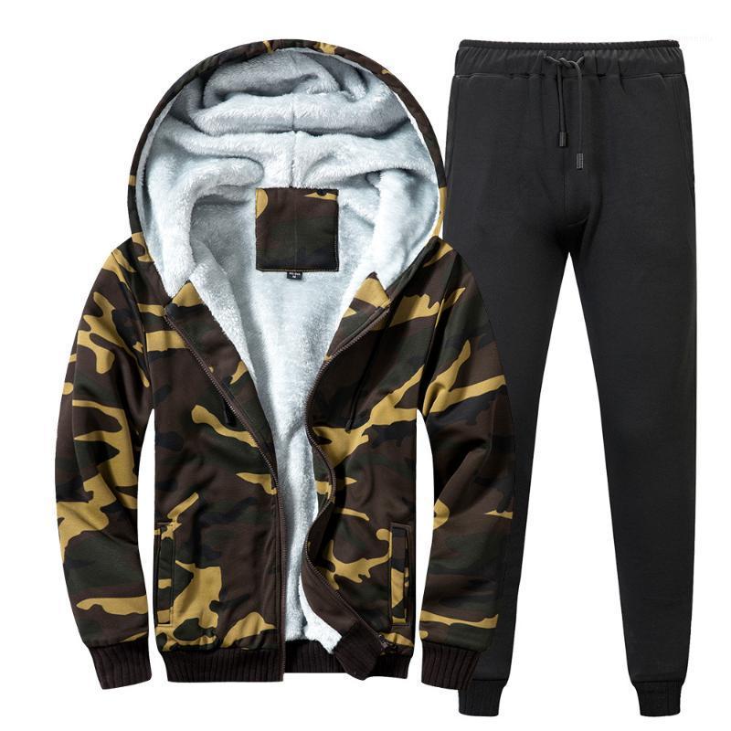 

Autumn Winter Mens Warm Camouflage Set Tracksuits Men Hooded Thicken Fleece Hoodies + Sweatpant Two-Piece Suit Sportswear Male1, Army green top