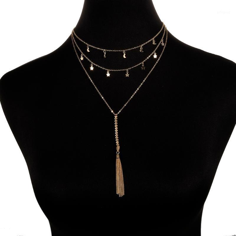 

Chains Punk Ethnic Style Crystal Tassel Moon And Star Engraved Bar Layered Chain Necklace For Women Fashion Jewelry1