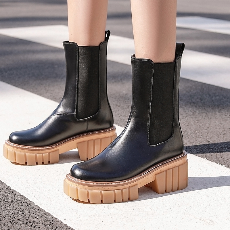 

2020 Leather High Genuine Platform Women's Toe Round Foot Solid Black Designer Female Boots New Fall Ld5x
