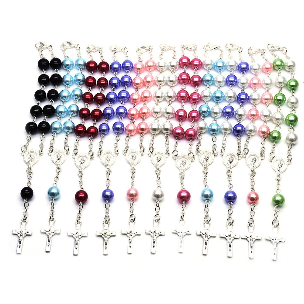 

Classic Pearl Rosary Cross Bracelet for Women Men Jewelry 8MM Prayer Beads Bangle Catholic Religious Bracelets Wedding Gift