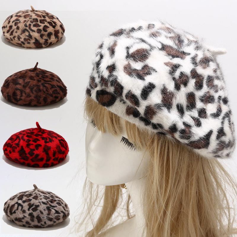 

Berets Women Wool Beret Hat Sexy Leopard Print Ladies Warm Knit Female Vintage Fashion Painter Bonnet Beanies Caps Winter Autumn, Red