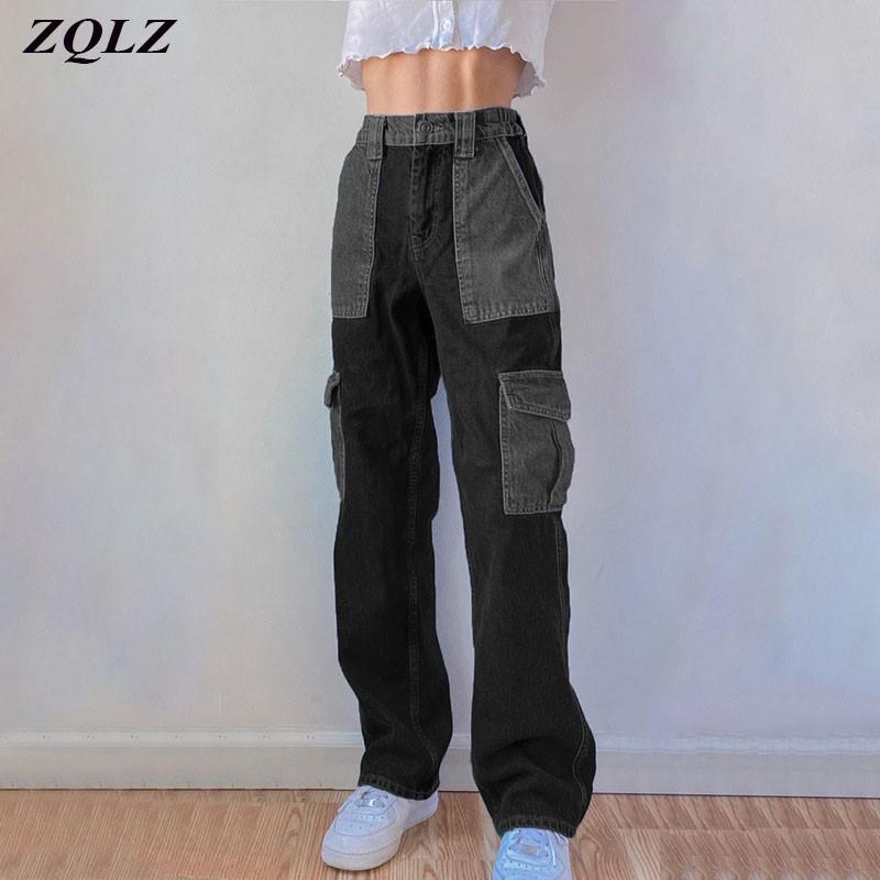 

ZQLZ Harajuku Pockets Patchwork Jeans Woman High Waist 2021 New Loose Black Trousers Streetwear 100% Cotton Pants Girls Clothing