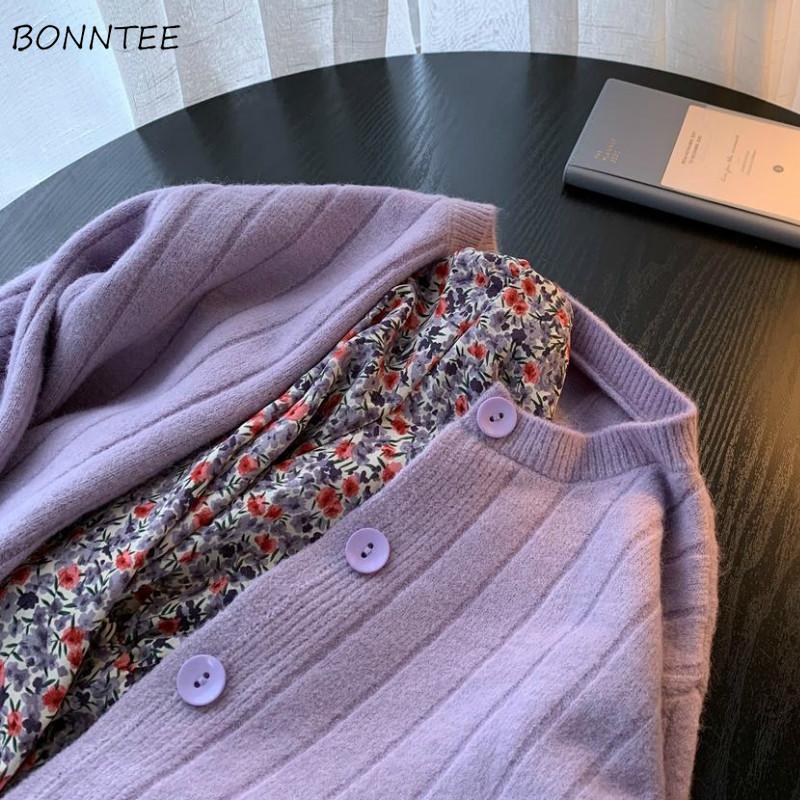 

Sweaters Women Slim Fashion Elegant Casual Simple Ladies Cropped Cardigan Ulzzang 6 Colors Chic Long Sleeve Fall Femme Knitwear, Purple