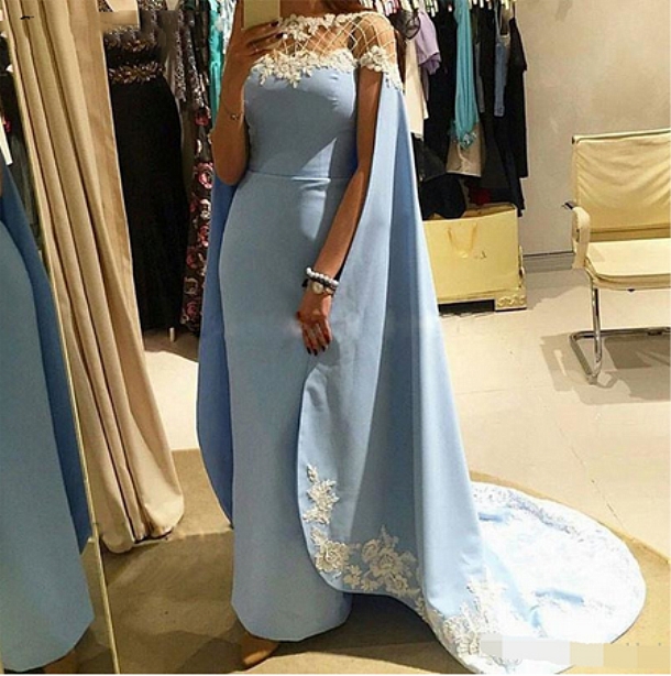 

Elegant Arabic Light Sky Blue Formal Long Evening Dresses With Cape Hollow Out Appliques Lace Wraps Prom Party Wear For Girls Women, Yellow