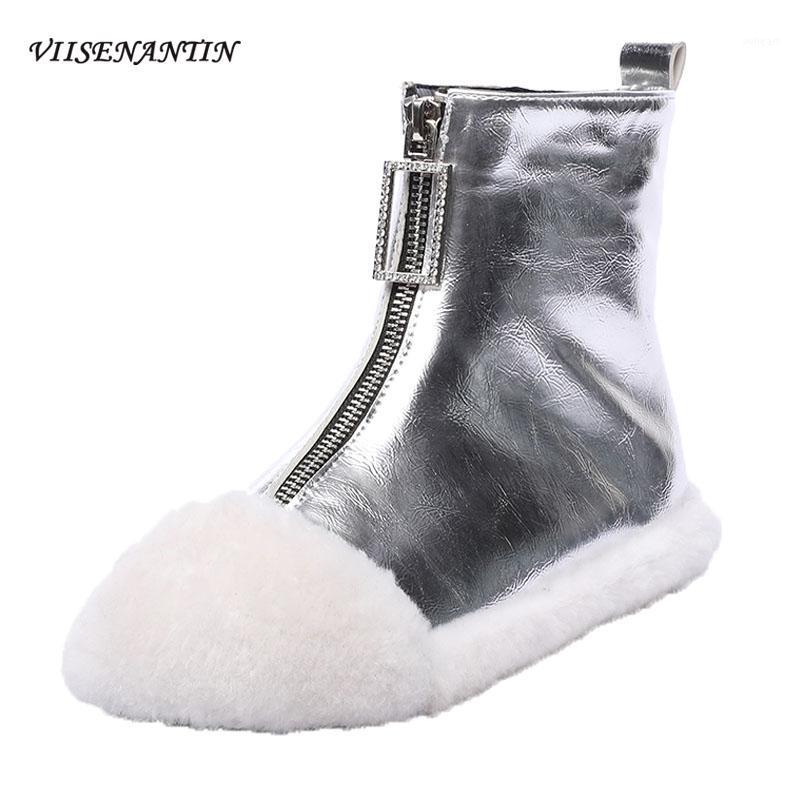 

VIISENANTIN Super Hot Lady Flat Boots Front Rhinestone Zipper Silver Gold PU Leather Bota Lamb Fur Warm Short Plush Winter Boot1