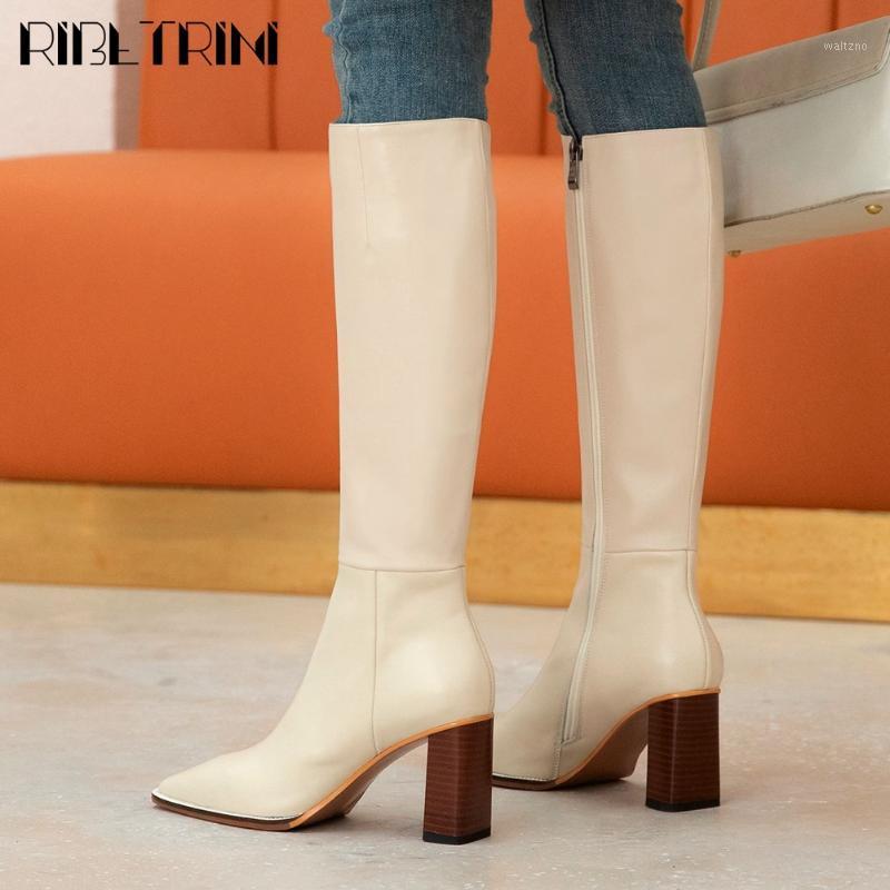 

RIBETRINI Brand New Quality Chic Genuine Leather Square High Heels Knee High Boots Fashion Winter Shoes Boots Women1, Beige