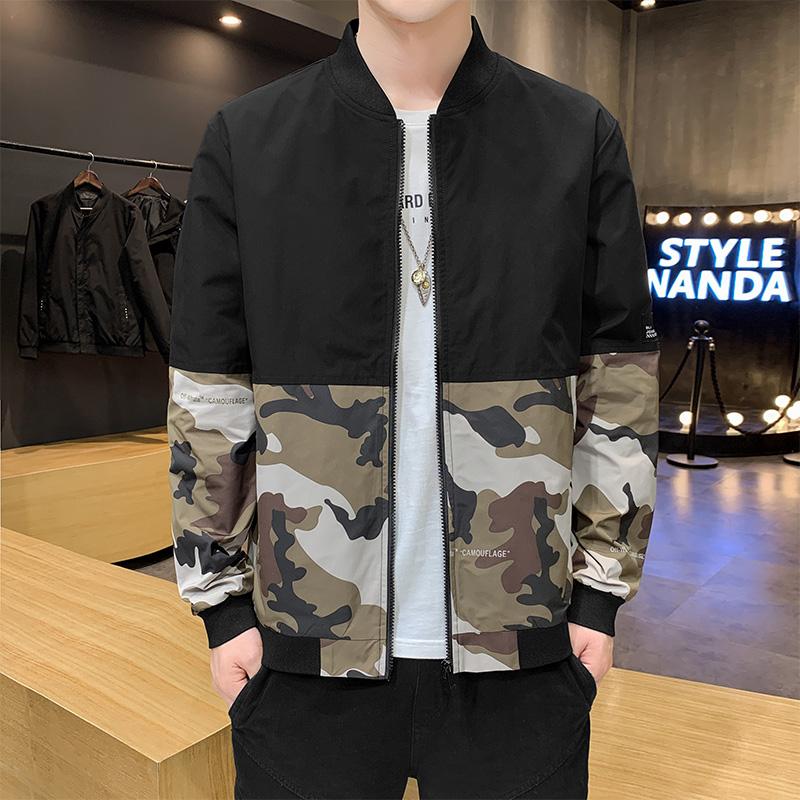 

Mandarin Collar Zipper Soild Camouflage Varsity Jacket Men Casual Printed Letter Patchwork Embroidery Pleated Clothing J6012, Black