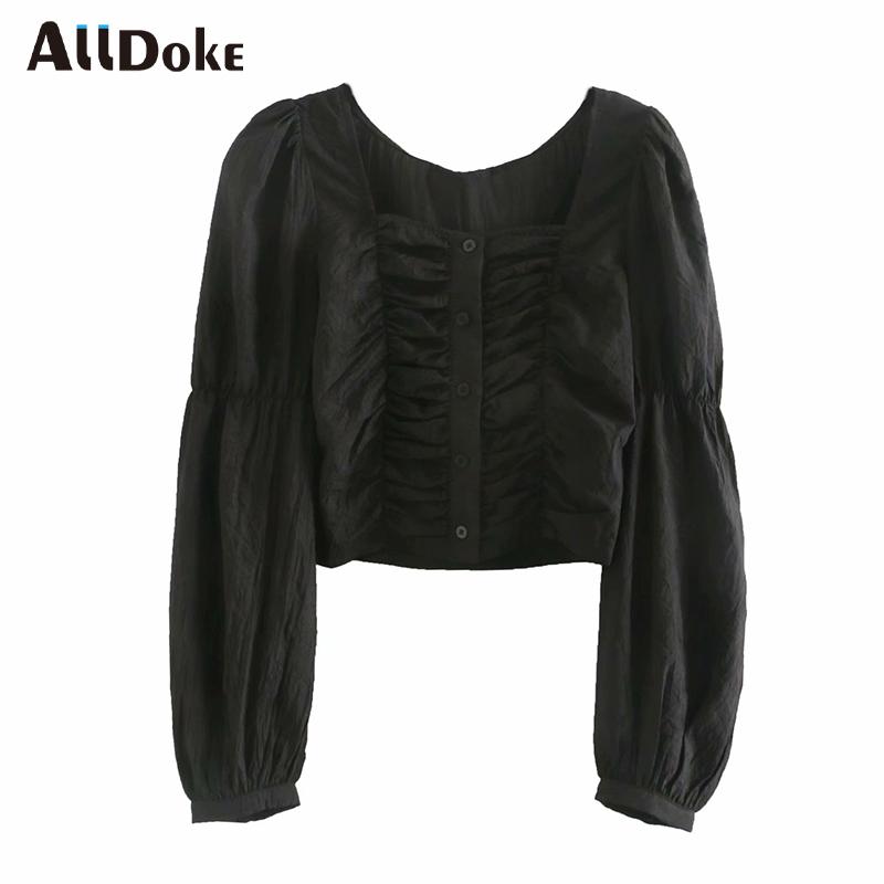 

ALLDOKE black casual ruched blouse women summer square collar puff sleeve crop tops shirt button ladies blouses blusas femme
