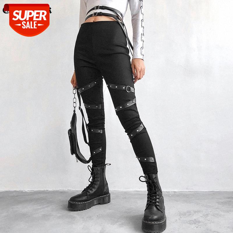 

Goth Dark Pencil Pants Women Fashion Eyelet Pu Strap Patchwork Trousers High Waist Skinny Streetwear Cool Chic Female 2019 Pants #5M2j, Black;white