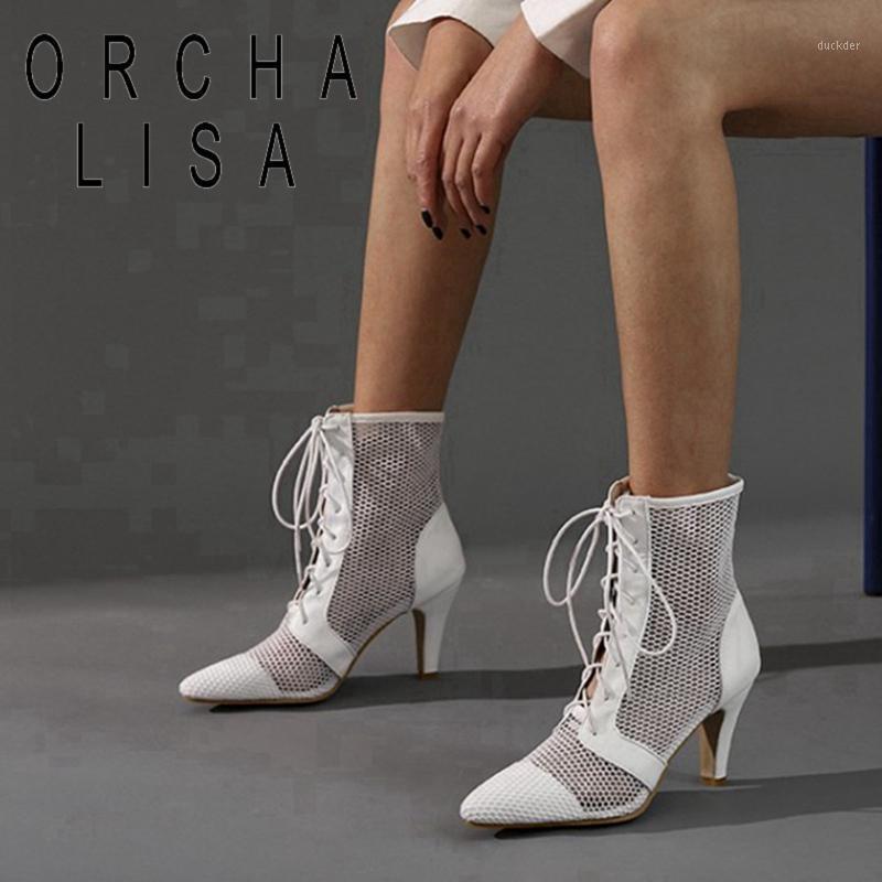 

ORCHA LISA Women Ankle Boots 2021 New Pointed Toe 8.5cm High Spike Heels Lace-Up Sexy Designer Stylish Big Size 32-47 C22281, Black