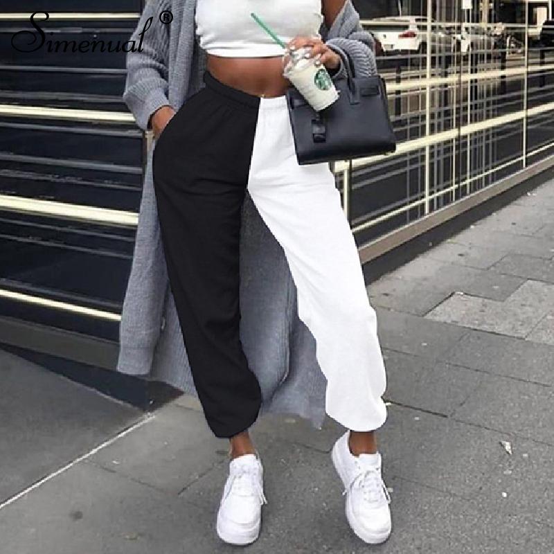 

Women Girls High Waist Black and White Patchwork Hip Hop Dance Street Style Sports Casual jogger Pants Trousers, As pic