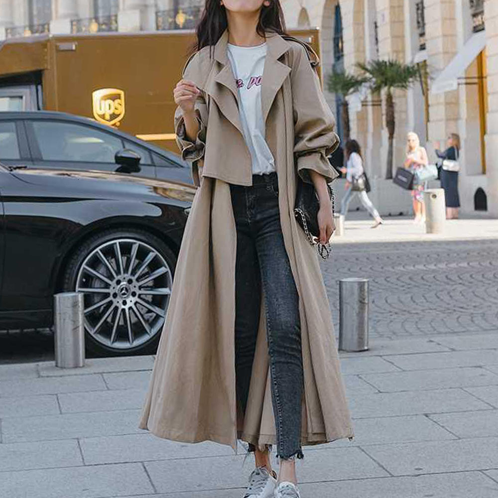 

2021 Windbreaker Women's Mid-length Spring New Korean Version Loose Thin Over Knee Super Long Chic Jacket Autumn T6UP, Khaki