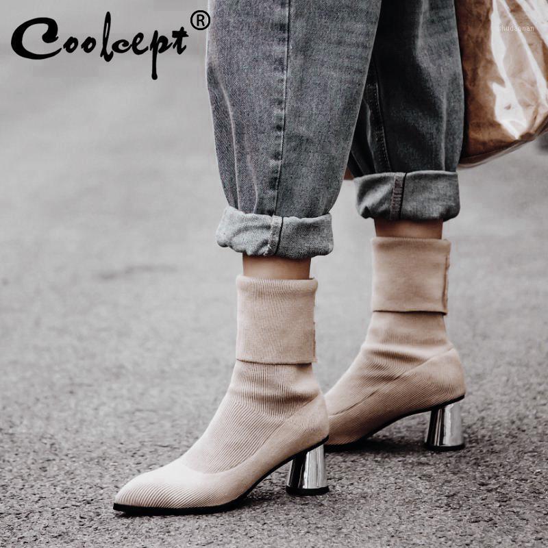 

Coolcept New Mid Calf Boots Women Autumn Winter Warm High Heel Shoes Solid Color Pointed Toe Women Socks Boots Size 31-431, Black