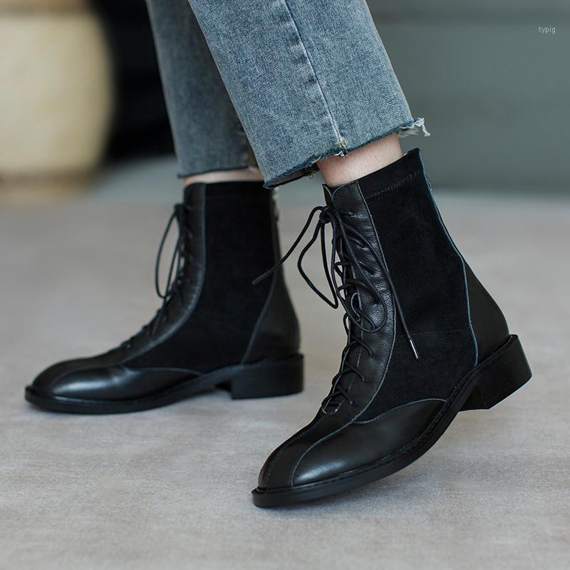 

Punk Women Ankle Boots Autumn Winter patchwork Genuine Leather low Heels Night Club Shoes Woman Cross Tied Motocycle Boots1, Black