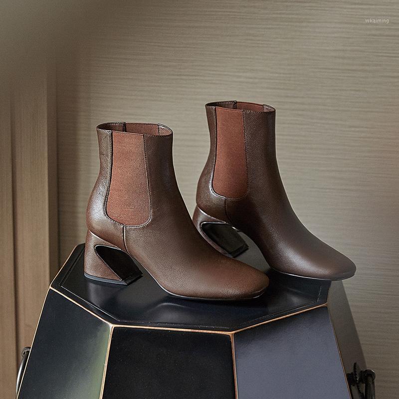 

Ankle Boots Women High Quality Genuine Leather Round Toe Soild High Heel Women Shoes Hot Sale Work Warm Boots1, Brown