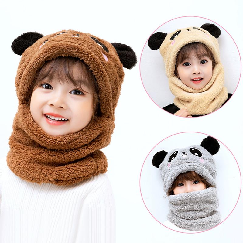 

Kids Autumn Winter Hat Hooded Scarf Cute Lovely Panda Ears Caps Thicken Fleece Soft Warm Stretch Beanie Boys Girls All-match Cap