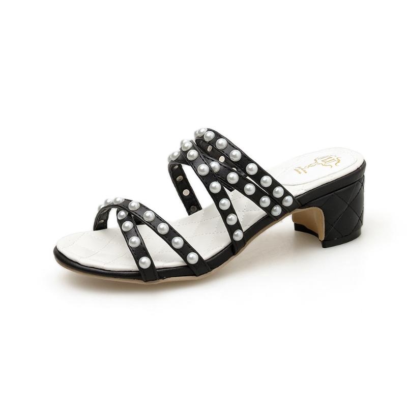 

Fashion Summer Party Dresses shoes Fulgurant Pearl Sandals thin Belt Roman Suqare Heel Women Flip Flops Casual Sandals, Black