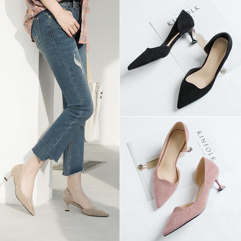 

women shoes 5cm High heels Flock Fine with Pointed Side air mid heel Kitten with Single shoes woman1, See chart