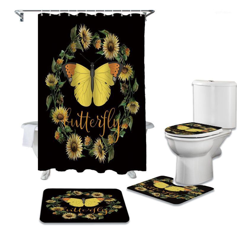 

Butterfly Sunflower Wreath Shower Curtain Sets Non-Slip Rugs Toilet Lid Cover and Bath Mat Bathroom Curtains Set1
